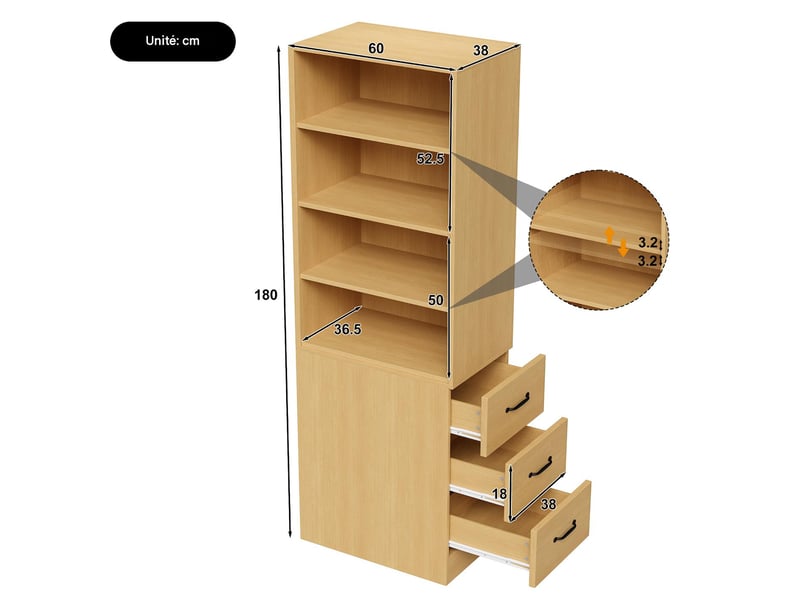  Bibliothèque 3 tiroirs et 4 niches en panneau de particules coloris chêne 60x38x180 cm N880P3183334O - Conforama C