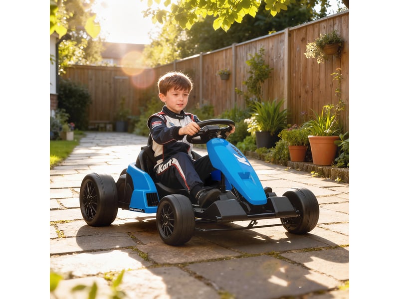  Kart électrique 24 v, mode drift, siège réglable, harnais de sécurité 5 points, fonction musique, 6-12 ans, bleu  - Conforama D