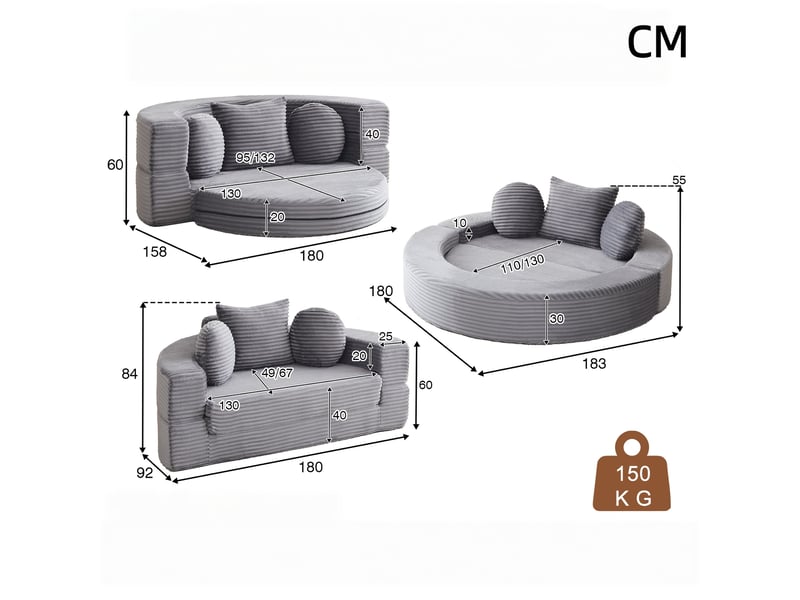  Canapé droit 4-en-1 compact, demi-lune ou lit rond, 2 coussins ronds + 1 carré, gris  - Conforama C