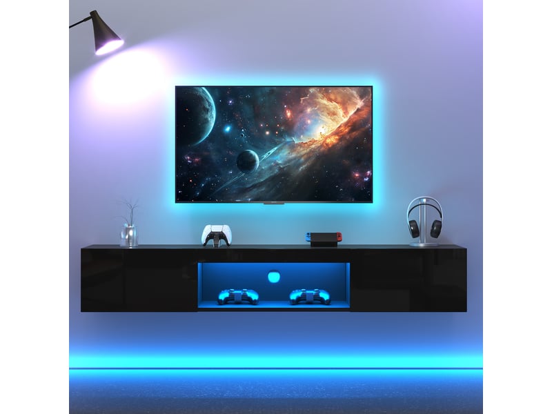  Meuble tv mural suspendu noir brillant avec led bluetooth - 160 cm pour téléviseur 70 pouces  - Conforama E