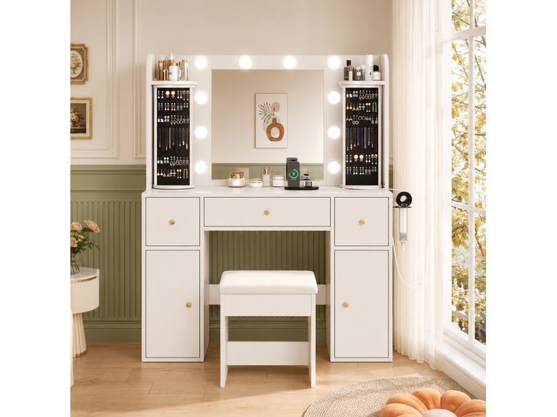  Coiffeuse 115x40x142 cm avec miroir, éclairage led, organiseur bijou rotatif, usb-c, support sèche-cheveux, panneau de particules, blanc  - Conforama B