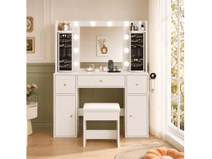 Coiffeuse 115x40x142 cm avec miroir, éclairage led, organiseur bijou rotatif, usb-c, support sèche-cheveux, panneau de particules, blanc
