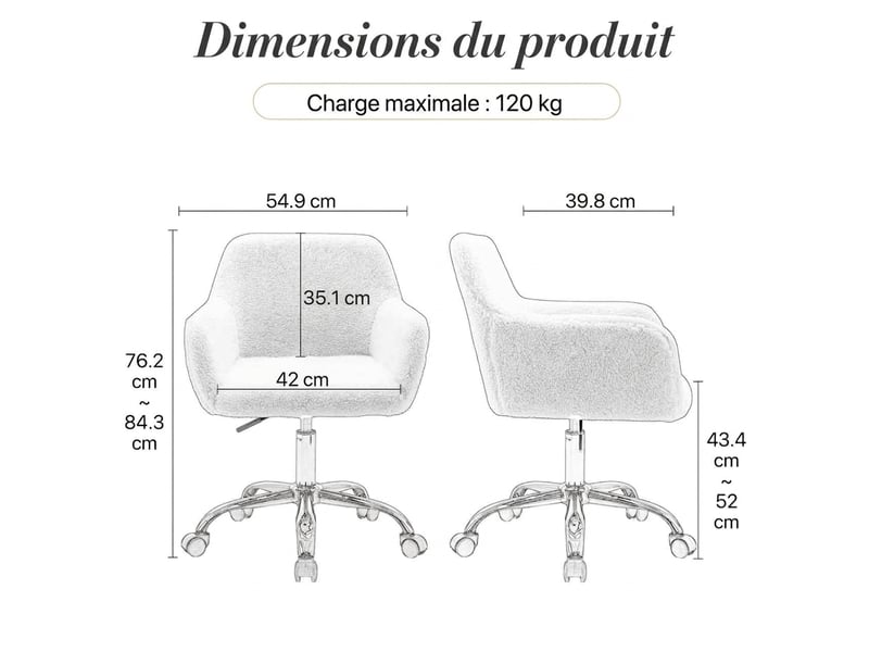  Chaise de bureau en fausse fourrure réglable en hauteur et pivotante avec pieds dorés pour chambre 53x53x55cm  - Conforama C