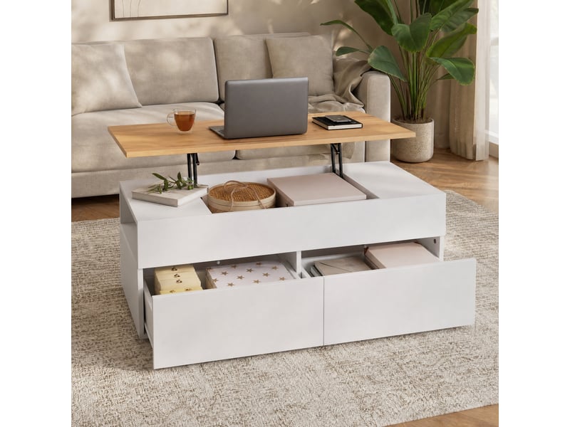  Table basse relevable 100 x 50 cm avec 2 tiroirs et rangement, blanc et bois  - Conforama B