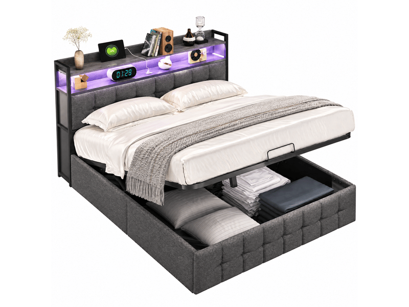  Lit coffre 140x190 avec rangement, cadre de lit double rembourré avec led et usb lit 2 personnes led avec prise lit adulte capitonné avec tête de lit et rangement hydraulique gris lin, sans matelas  - Conforama A