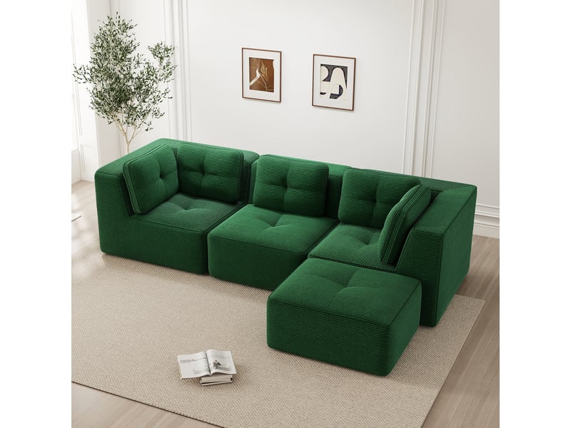Canapé d'angle modulaire en velours côtelé avec assise profonde et modules combinables, vert - Conforama B
