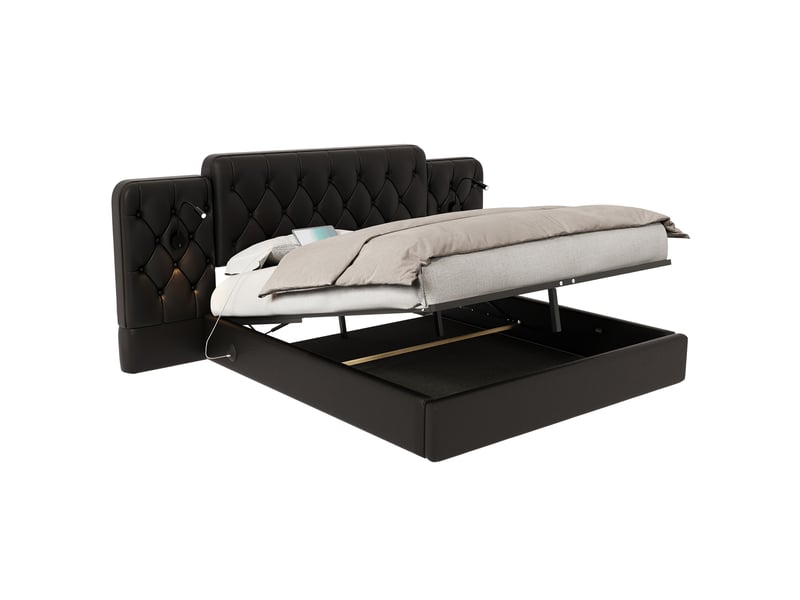  Lit coffre 160x200 cm noir en pu avec lampes de lecture et ports usb  - Conforama A