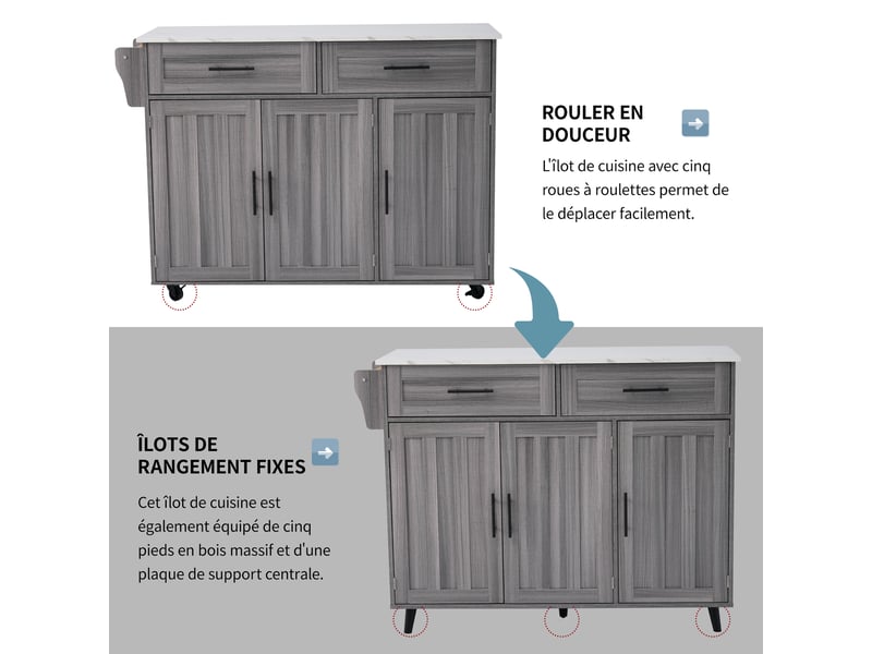 Desserte de cuisine 129 × 4671 × 91,595 cm plan extensible, 2 tiroirs et roulettes - lpospi - sans électroménager, mdf - gris et blanc - Conforama E