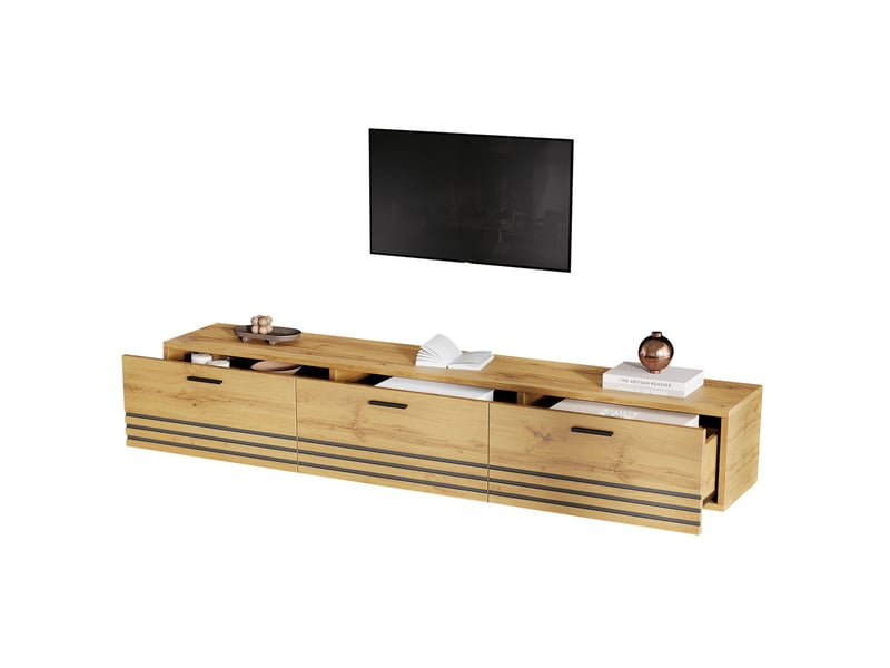  Meuble tv suspendu 160x30x25,5 cm à 3 tiroirs décor bois naturel  - Conforama A