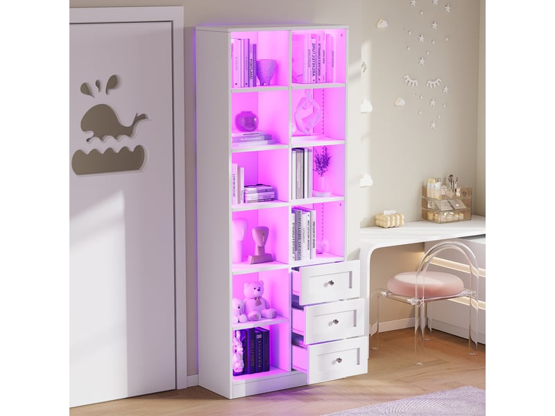  Vitrine led ouverte avec tiroirs et bandeaux rgb, bibliothèque et meuble pour figurines, rangement moderne pour bureau, salon ou chambre - blanc, format compact OPULERANE TRADING LTD - Conforama E