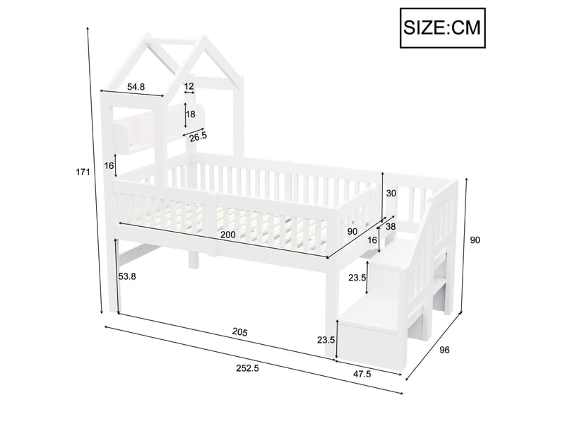 Lit mezzanine mi-hauteur enfant 90x200 cm avec rangements et éclairage led blanc - Conforama C
