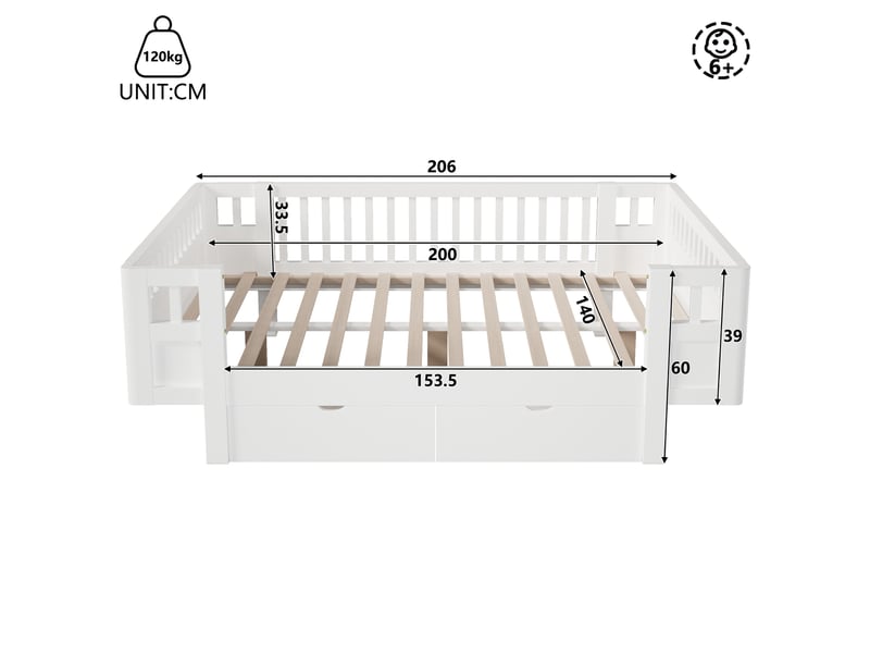 Lit enfant 140 x 200 cm, cadre de lit avec rangement, 2 tiroirs, barrières de sécurité, 2 places, structure multifonction, bois massif, blanc Morn Vibe - Conforama C
