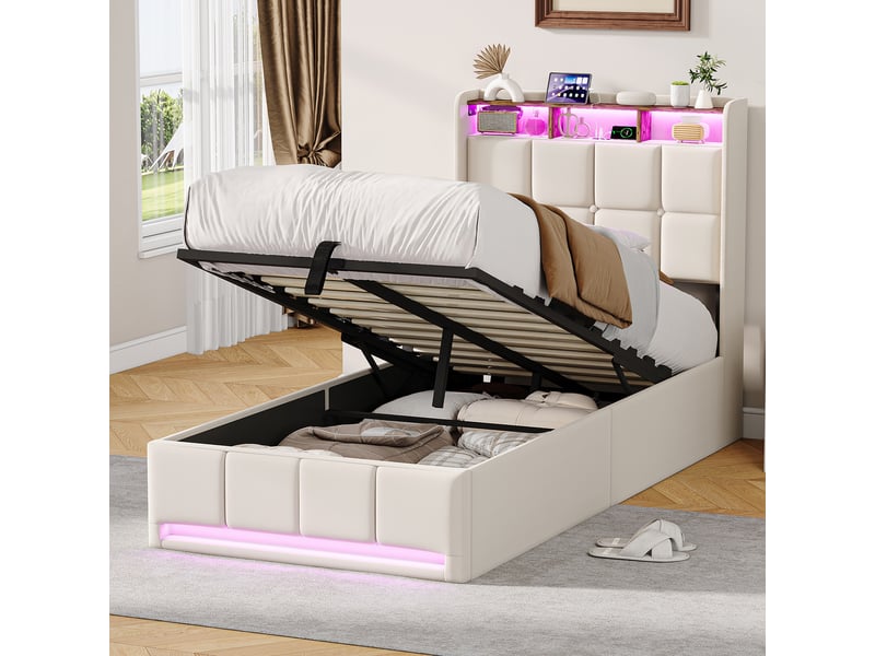 Lit enfant coffre 90x200 cm avec rangements, lit simple, tête de lit à ailes avec niche intégrée, tissu lin beige, sans matelas  - Conforama B