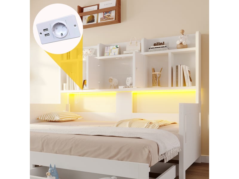  Canapé-lit extensible 90/180x190 cm avec rangements, led et prise, blanc, sans matelas  - Conforama D