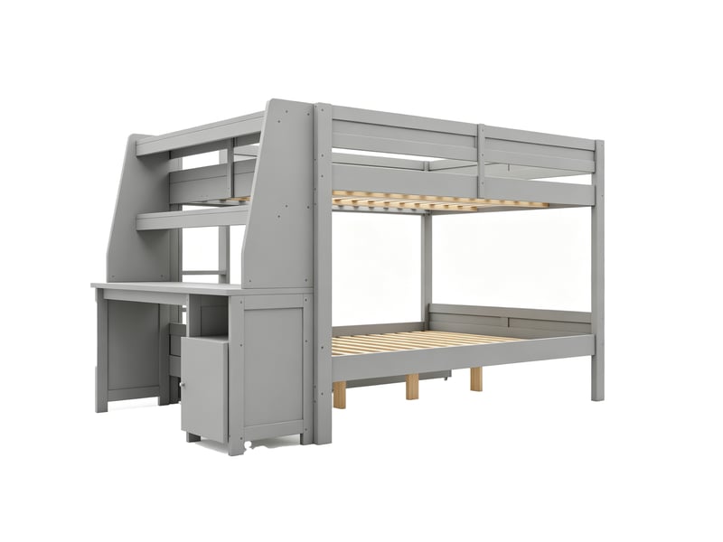  Lit superposé avec armoire modulable, bois gris, 140 x 200 cm, bureau, étagères et tiroirs  - Conforama E