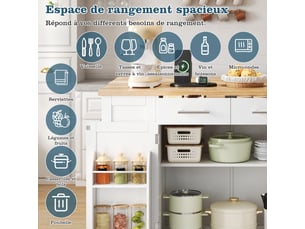 Îlot de cuisine armoire buffet chariot coulissant roulettes deux côtés étagère épices deux portes deux tiroirs blanc et bois