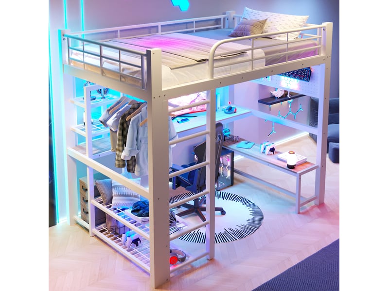  Lit mezzanine modenvie 140 x 200 cm en métal avec led, bureau intégré, rangements, blanc  - Conforama B