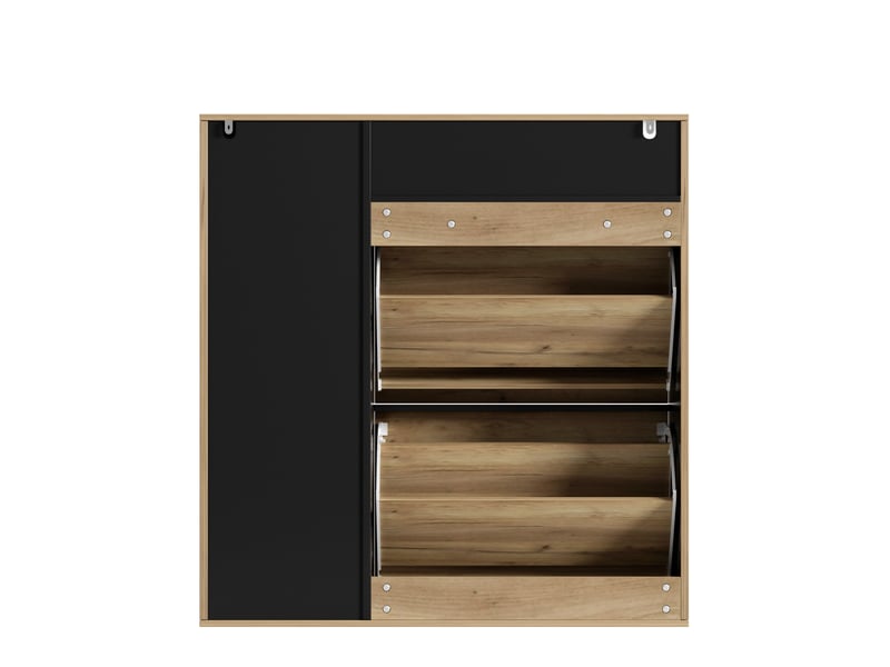 Meuble à chaussures 90x24x94 cm bois et noir, 2 abattants, 1 porte et niches ouvertes - Conforama E