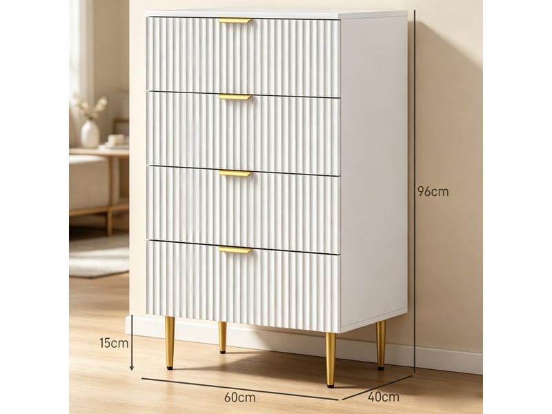  Commode à 4 tiroirs, meuble de rangement moderne pour chambre avec poignées et pieds dorés, 60 × 40 × 96 cm, blanc  - Conforama C