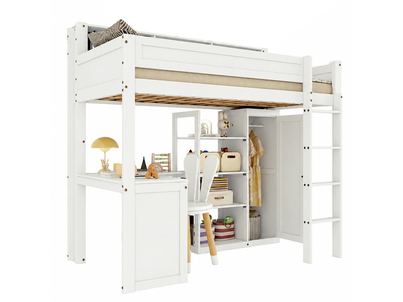  Lit mezzanine enfant 90 × 200 cm 1 place avec bureau, armoire et étagères, sans matelas, en bois, blanc  - Conforama A