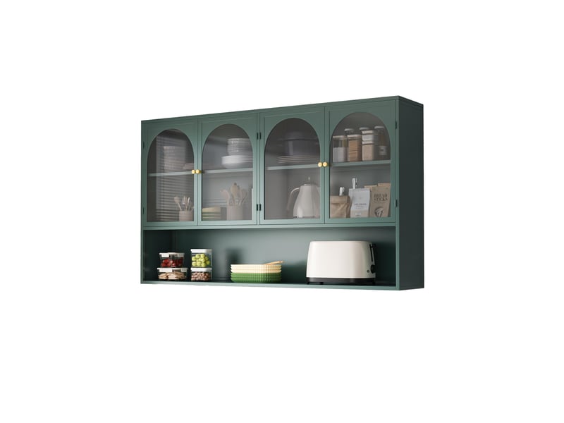 Buffet de cuisine - 120x23x70cm - meuble haut, armoire murale 4 portes en verre gris & étagère, style industriel - vert - Conforama A