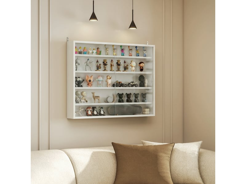  Vitrine murale en bois avec étagères réglables et 2 portes coulissantes en verre 80 x 9,5 x 60 cm blanc  - Conforama D
