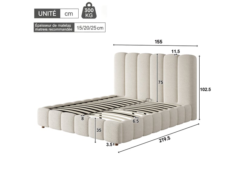  Lit double rembourré 140 x 200 cm avec coffre hydraulique, tête de lit capitonnée et pieds en bois massif, bouclé blanc  - Conforama C