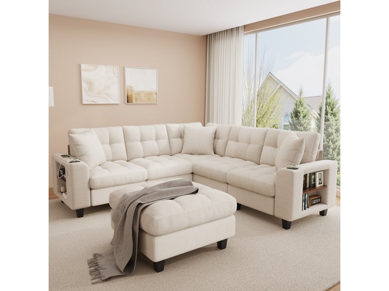 Canapé d’angle modulable xxl en u 6 places avec pouf amovible, accoudoirs bibliothèque, porte-gobelets, ports usb et usb-c, tissu chenille beige OPULERANE TRADING LTD - Conforama E