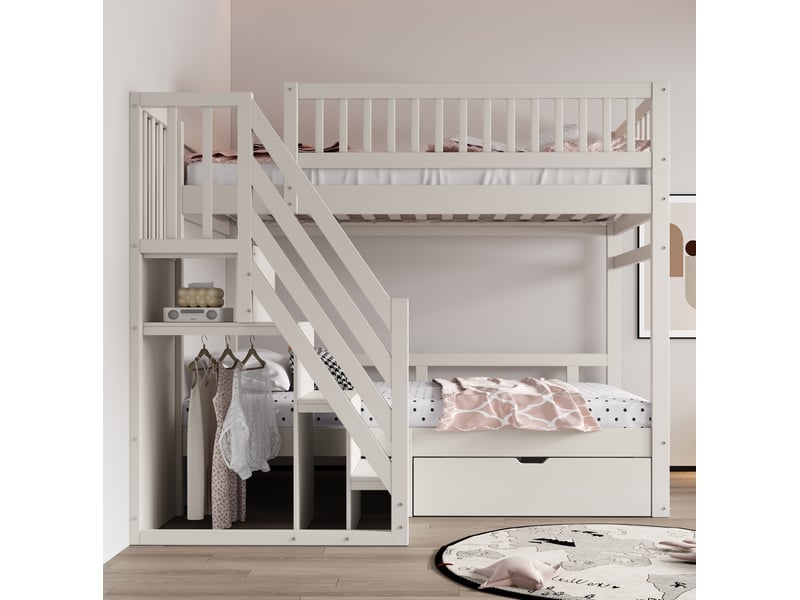  Lit superposé 2 couchages 90x200 cm avec escalier de rangement blanc  - Conforama D