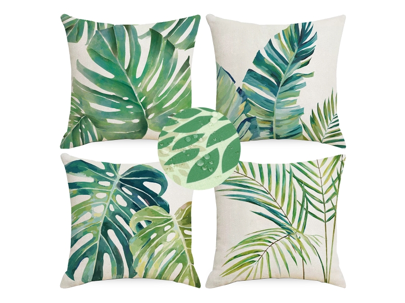 Housse de coussin feuilles tropicales 45 x 45 cm feuille de palmier vert polyester lin décoratif taie d'oreiller 4 pièces Home cushion cover - Conforama A