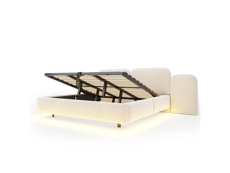  Lit 180x200 cm en velours beige avec rangement hydraulique, led rgb et prises usb, pour votre chambre, sans matelas  - Conforama D