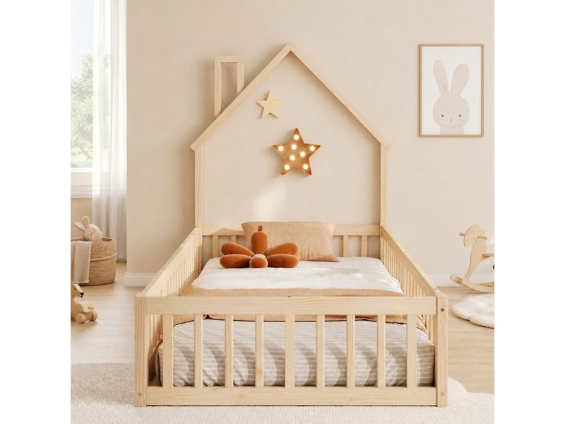  Lit cabane enfant 200×90 cm avec toit en forme de cheminée et barrières, avec sommier à lattes, sans matelas, naturel  - Conforama B