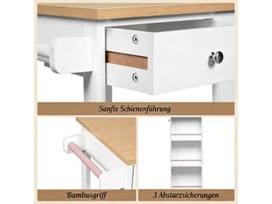 Desserte de cuisine à roulettes en bambou et mdf, chariot de service polyvalent avec tiroir, casier à vin et étagères, blanc