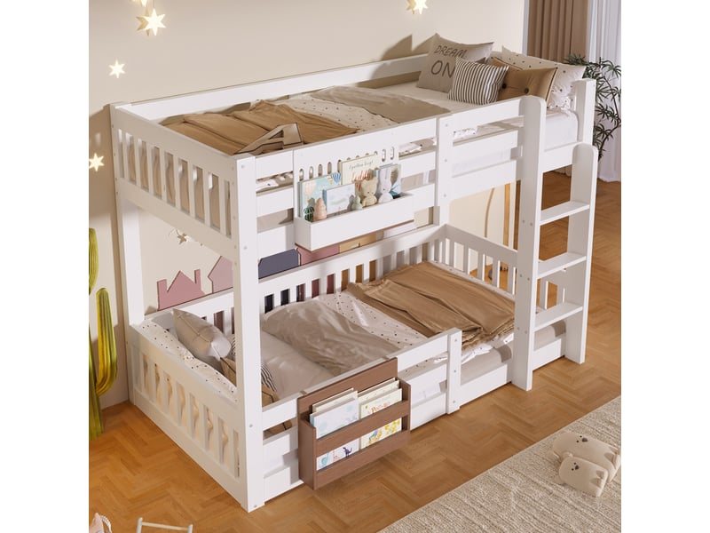 Lit superposé 90x200 cm, compartiments de rangement, barrière de sécurité, échelle, blanc - Conforama D