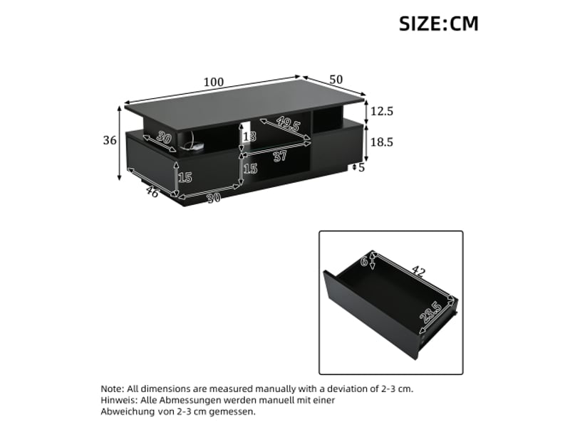 Table basse noire brillante avec led, 2 tiroirs et étagères en verre, meuble de salon moderne 100 x 50 x 36 cm  - Conforama E