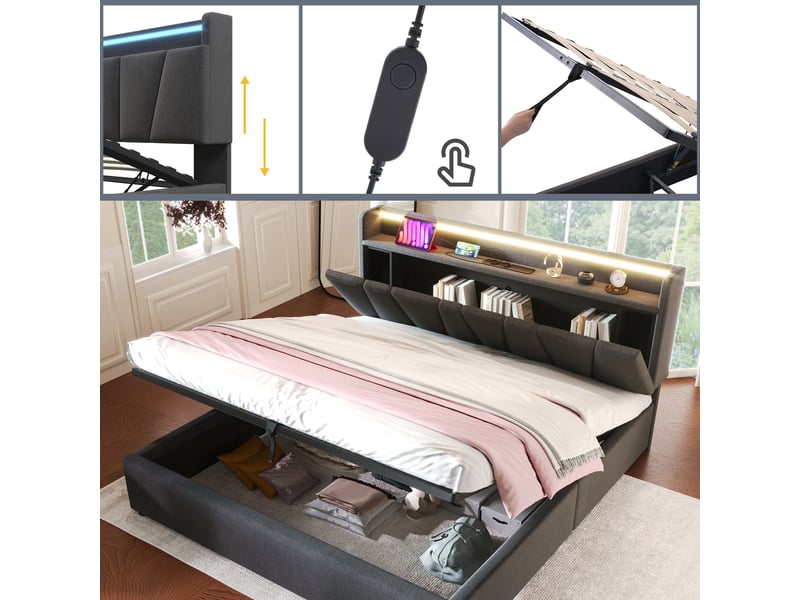  Lit coffre 160x200 cm, rangement hydraulique, tête de lit avec rangement, éclairage led, usb et usb-c pour chambre - gris  - Conforama E