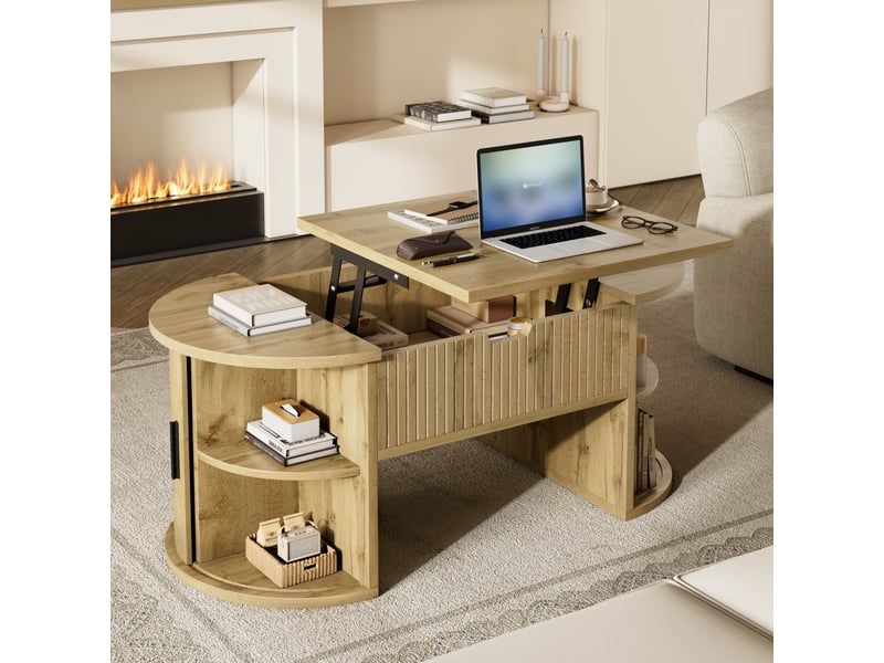  Table basse relevable - 100x50x40.5cm - table basse avec plateau relevable, coffre caché &amp; 2 portes coulissantes - bois naturel  - Conforama C