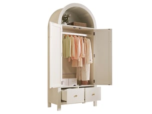 Armoire de chambre 181x78x45 cm avec sommet arqué et cannage rotin, armoire dressing avec 2 portes magnétiques, 2 tiroirs, tringle, blanc