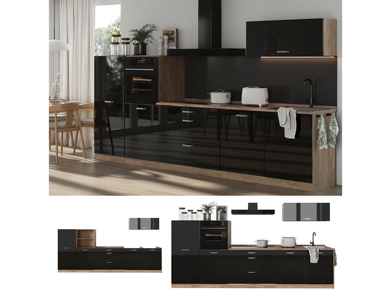 Vicco cuisine, noir haute brillancechêne doré, 340cm sans plan de travail - Conforama D