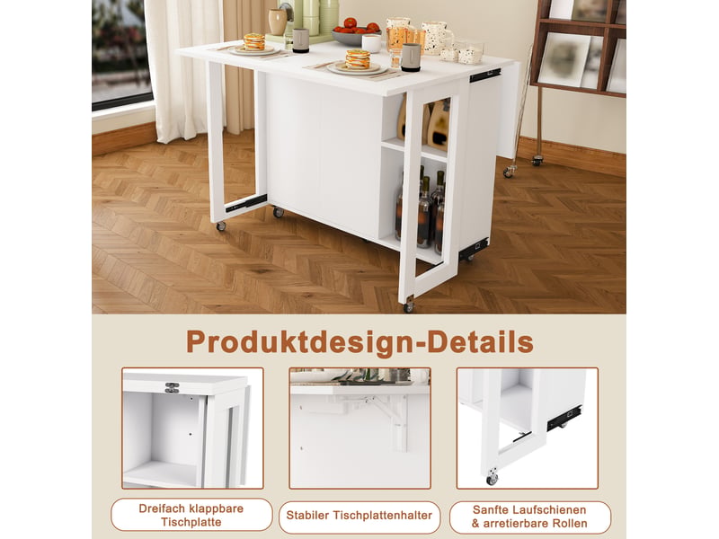 Desserte de cuisine pliable mobile avec 2 portes, 2 étagères et roulettes verrouillables blanc 100 × 105 × 75 cm - Conforama E