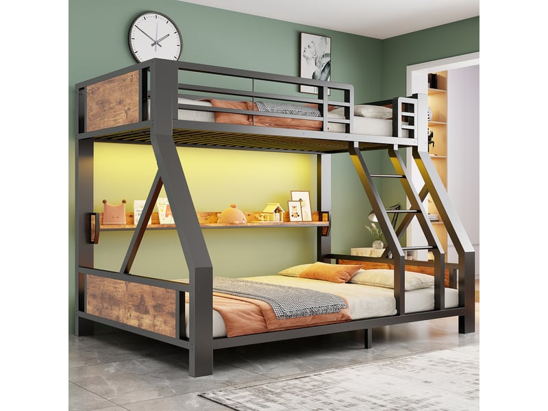 Lit superposé 90x200140x200 cm avec led et rangement, lit mezzanine métal et bois pour enfants et adolescents, couchage double et simple - noir - Conforama C