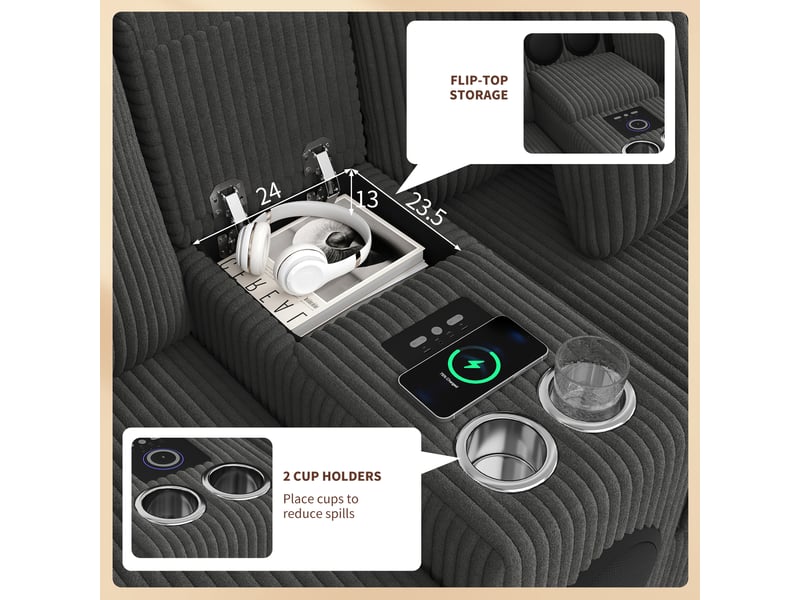 Canapé modulable velours côtelé gris canapé d'angle en u avec haut-parleur bluetooth, chargeur sans fil, rangement et porte-gobelets - Conforama E