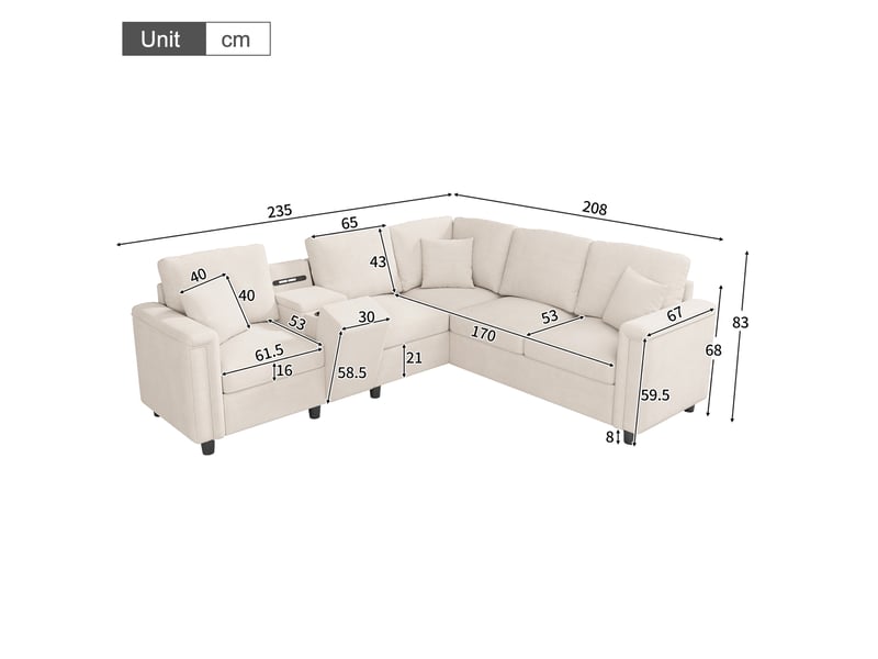  Canapé d'angle 5 places en chenille beige avec console de rangement, usb et liseuse  - Conforama E