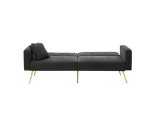 Canapé droit convertible 2 places gris foncé en tissu bouclette, dossier réglable et poches latérales pour invités