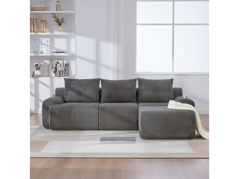 Canapé modulaire 3 places avec pouf gris foncé - 268 x 174 x 80 cm avec porte-gobelet intégré - Conforama E