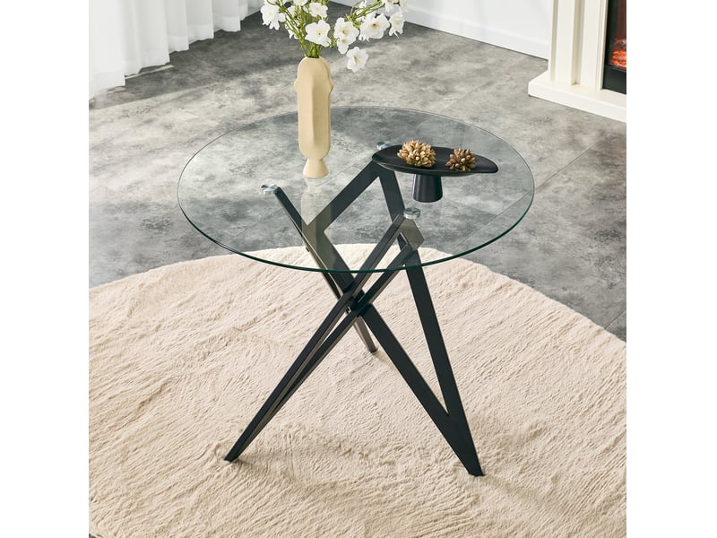  Table basse ronde en verre trempé ø 85 cm, piètement géométrique en métal noir  - Conforama B