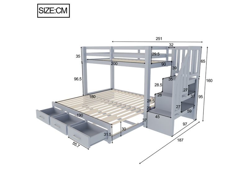  Lit mezzanine extensible 90 x 200 cm avec 3 tiroirs et escalier de rangement bois gris sans matelas  - Conforama C