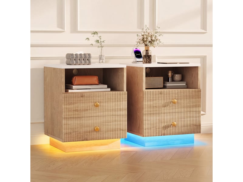 Ensemble de table de chevet, imitation bois, avec station de recharge, lumière led, 2 tiroirs, bois - Conforama B