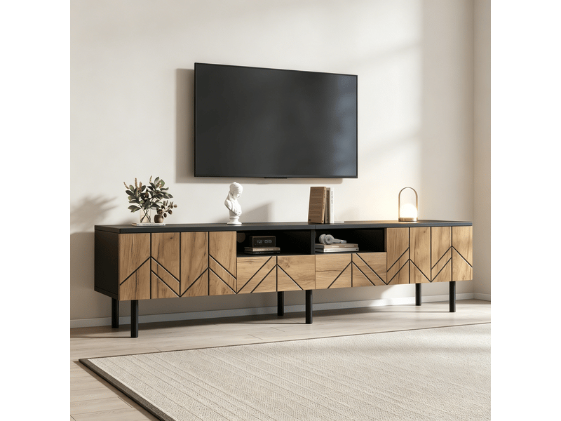  Meuble tv 180x40x45 cm - meuble bas avec tiroirs et portes, charge jusqu’à 75 kg, panneau de particules, effet bois - noir  - Conforama E