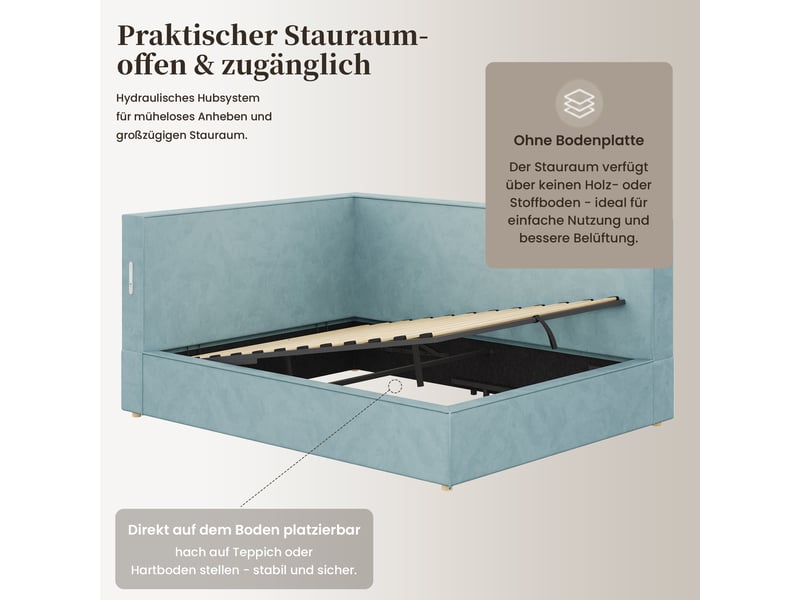  Lit coffre 140x200 cm avec sommier relevable hydraulique, sans matelas, bleu  - Conforama D